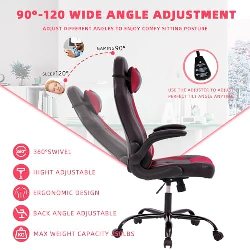 Video Gaming Chair,Ergonomic Computer Office Desk Chair with Lumbar Support Flip Up Arms Adjustable Height Swivel PU Leather Executive with Wheels for Kids Adults Women Men Gaming Home Office(Red)