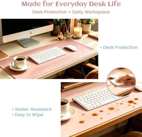 Leather Desk Pad Protector, Large Office Faux Leather Desk Mat, Non-Slip Large Mouse Pad, Flexible Desktop Dry Erase Planning Sheets Included - 16"x34" Blush Pink