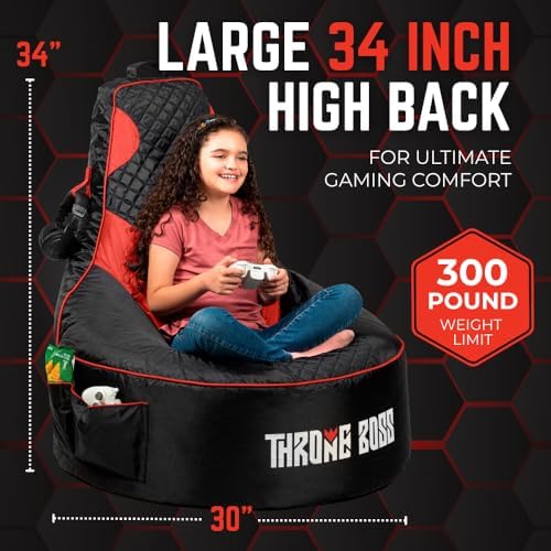 Gaming Bean Bag Chair Cover for Kids, High Back, Large Pockets, Red