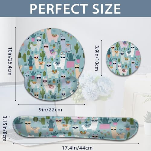 Cute Alpacas Ergonomic Keyboard and Mouse Wrist Rest Set, Cacti Mouse Pad with Non Slip Base, Soft Cloth Surface for Office and Home Typing Support
