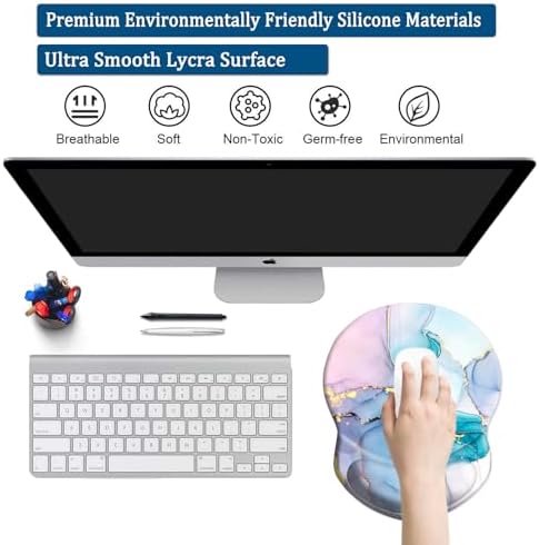 Mouse Pad with Ergonomic Gel-Filled Wrist Rest and Non-Slip PU Base, Comfortable & Accurate Computer Mouse Pad with Support for Home Office Working Studying (Pink Blue Mable)