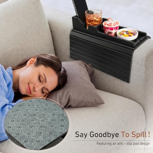 Yoshiky Black Bamboo Couch Armrest Table, Couch Arm Tray with Removable Couch Cup Holder, 2 in 1 Design Foldable Anti-Slip Bamboo Couch Tray and Sofa Cup Holder for Drink