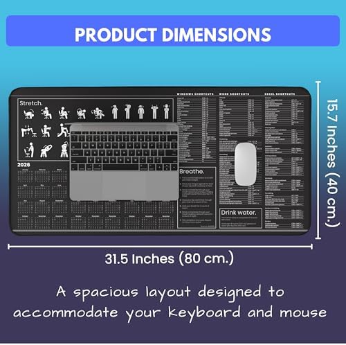 Productivity Desk Mat for Windows – Keyboard Shortcuts, Wellness Guide & 3-Year Calendar | XL Office Mouse Pad for Excel, Word & System Commands | Ergonomic Workspace Mat