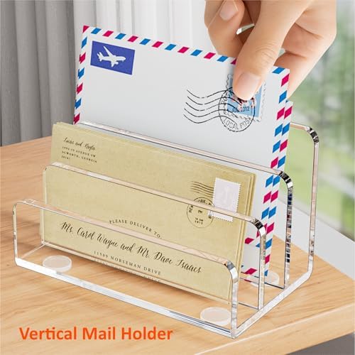FUCDTEFC Desk Mail Organizer, 3 Section Clear Acrylic File Holder Letter Organizer, Vertical Lightweight Modern Envelope Holder Desk Accessories & Workspace Organizers for Office, Home, School