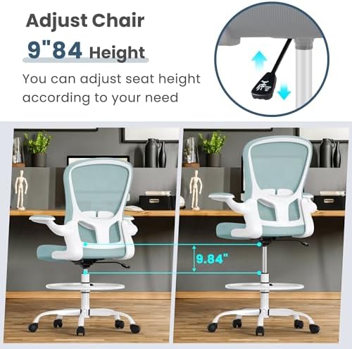 Drafting Chair, Tall Office Chair with Flip-up Armrests Executive Ergonomic Computer Standing Desk Chair, Office Drafting Chair with Lumbar Support and Adjustable Footrest Ring