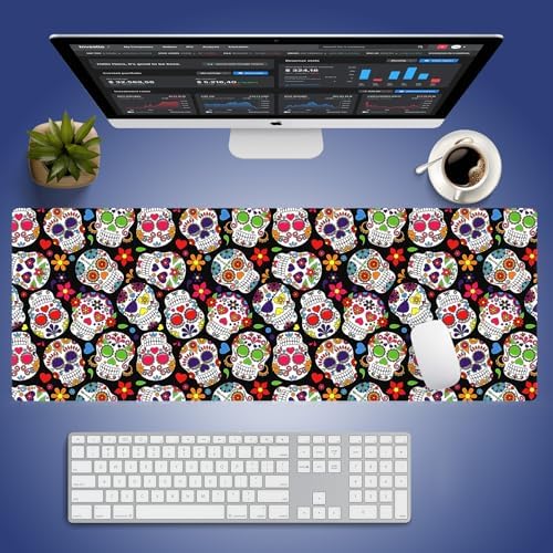 Sugar Skull Vibrant Floral Large Mouse Pad, Day of The Dead Black Desk Mat
