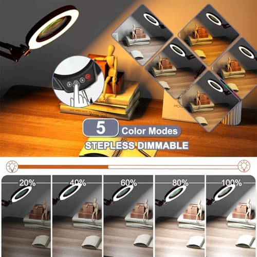 12X Magnifying Glass with Light and Stand, Upgrade Button 5 Color Modes Stepless Dimmable, 2-in-1 LED Lighted Magnifier Light, Hands Free Desk Lamp with Clamp for Craft Hobby Close Work - Red