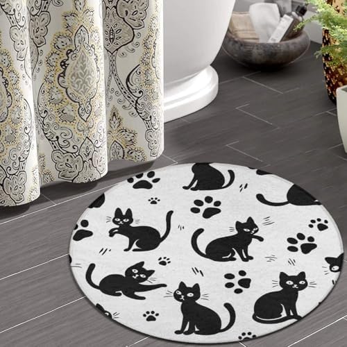 Soft Round Yoga Carpet, Office Chair Decor Round Mat for Carpet and Hardwood Floors Black Cat Paw Print