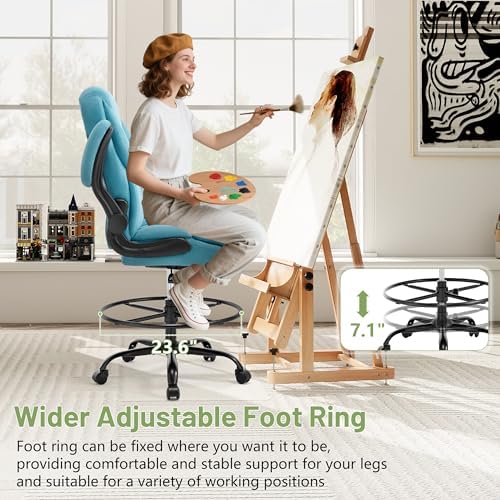 500LBS Drafting Chair, High Back Safer Standing Desk Chair, Executive Tall Office Chair with Flip-up Armrests, Upholstered Fabric Task Chair, Ergonomic Seat with Adjustable Height&Foot Ring, Blue
