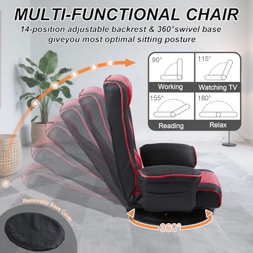 Swivel Floor Chair for Adults, 14-Position Adjustable Floor Gaming Chair with Back Support & Armrests, Foldable Lazy Sofa Lounge, Breathable Mesh for Gaming Reading Meditation (Black/Red)