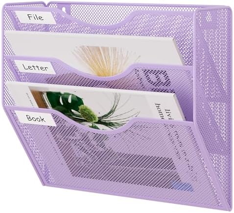 EasyPAG 3 Pocket Mesh Wall File Organizer, Hanging Paper Folder Holder with Classify Label, Vertical Wall Mount Mail Organizer for Office Home Classroom, Purple