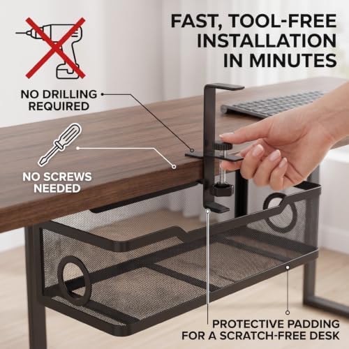 Under Desk Cable Management Tray, No Drill Cable Organizer for Desk, Metal Wire Management Basket with Clamp Mount, Cord Organizer Holder for Standing Desk, Home Office and Gaming Setup