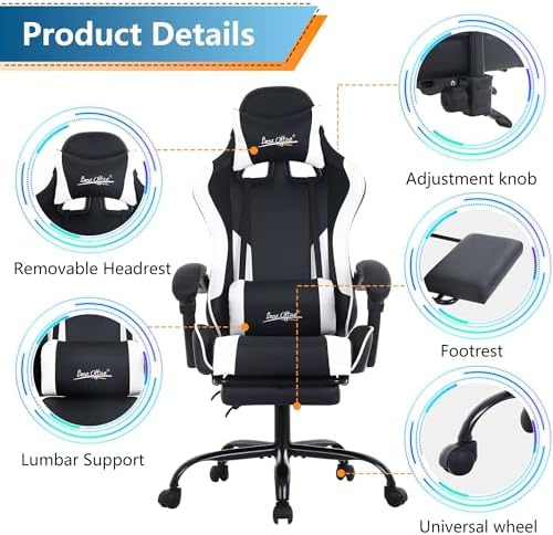 PayLessHere Ergonomic Racing Desk Chair Computer Chair Gaming Chair with Footrest Lumbar Support Headrest Armrest Task Rolling Swivel Ergonomic E-Sports Adjustable PC Gamer Chair, White