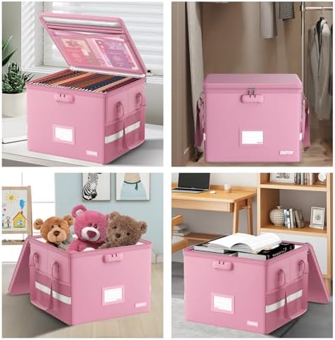 ENGPOW 5200°F File Box Fireproof Document Box with Lock,Heat Insulated Collapsible File Storage Organizer Box with Handle,Portable Home Office File Cabinet for Hanging Letter/Legal Size Folder, Pink