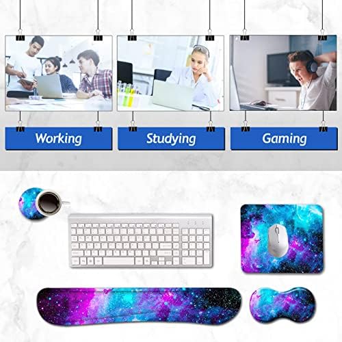 AIMSA Keyboard Wrist Rest Support + Mouse Pad + Mouse Wrist Rest + Coaster, Ergonomic Memory Foam Anti-Slip Rubber Base 4 PCS Set Easy Typing Pain Relief, Galaxy Nebula Universe