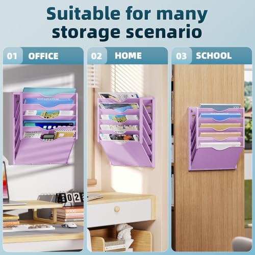 Marbrasse 5 Tier Wall File Organizer, Plastic Hanging File Holder for Mail, Magazines Paper Organizer Wall Mounted for Office Home (Purple)