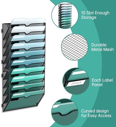 SUPEASY 10-Tier Wall File Organizer, Hanging Wall Files for Papers, Folders, Magazines, Wall Organizer for Clipboard, Assembly Needed, Black, 2 Pack