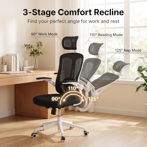 Multifunctional Ergonomic Office Chair—Features an Adjustable headrest, Reclining backrest, and Lumbar Support; Suitable for Home Offices, workplaces, and Dorm Rooms (Black with White Frame)