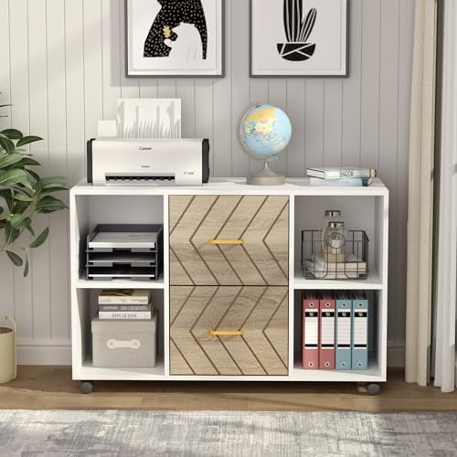 Tribesigns 2 Drawer File Cabinet, Large Mobile Lateral Filing Cabinet for Letter Size, Printer Stand with Storage Shelves and Rolling Wheels for Home Office (White)