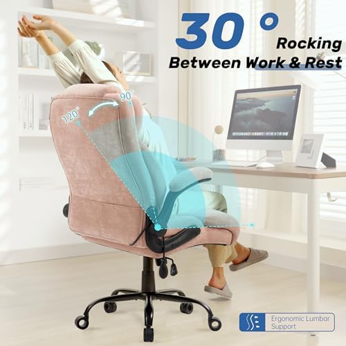 550LBS Big and Tall Office Chair, Comfy Heavy Duty Executive Chair with Adjustable Lumbar Support Double Spaces Casters, Fabric Extra Wide Seat Ergonomic Computer Desk Chair for Back Pain,Pinkcloth