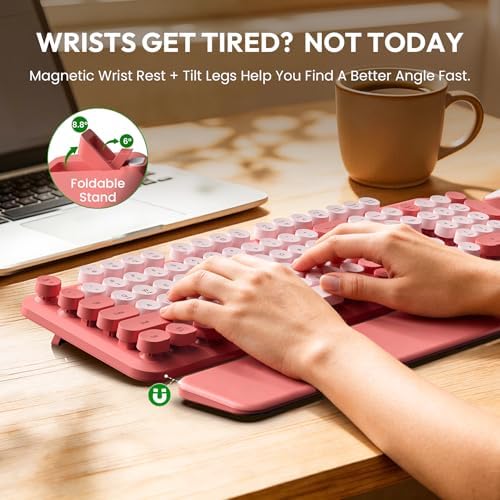 Wireless Keyboard and Mouse Combo, Typewriter Keyboard with Magnetic Wrist Rest, Full-Size Cute Round Keycaps, Sleep Mode, 2.4G Keyboards for Mac/Windows/PC, Office or Home, Trueque CK23Pro