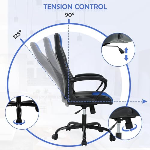 Blue Massage Gaming Chair for Kids, Ergonomic Office Chair Computer Chair with Adjustable High Back & Armrest, PU Leather Gamer Chair with 360°Swivel, Heavy Duty Gaming Chairs for Adults, Teens