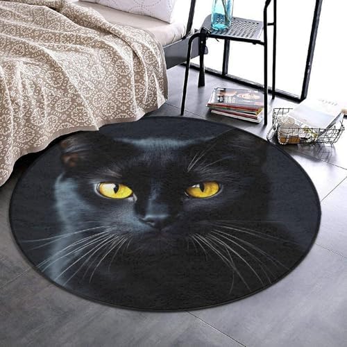 Women's Large Home Decor Mat, Soft Round Yoga Carpet, Non Slip Machine Washable Home Office Circle Rug Black Cat