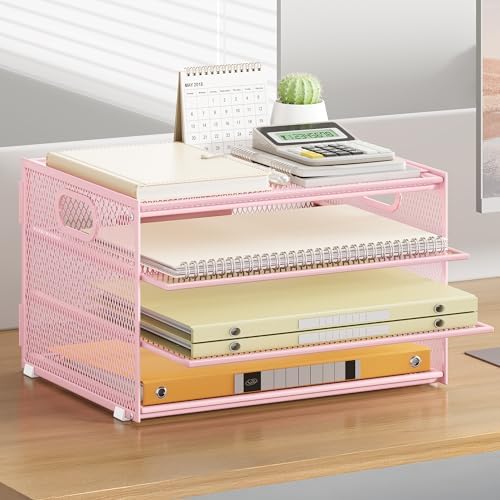 4 Tier Paper Letter Tray Pink Desk Organizer for Desk,Pink File Organizers