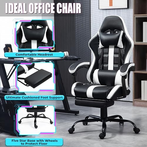 Massage Gaming Chair with Footrest & Lumbar Support, White