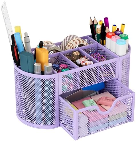 EasyPAG Mesh Pen Holder Desk Organizer with Drawer Stationery Supplies Organizer for Dorm School 9 Compartments Workspace Desk Accessories Organization for Office (Light Purple)