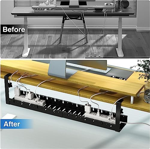 No Drilling Extendable Under Desk Cable Management, Metal Cable Management Tray Under Desk with Clamp, Retractable Power Strip Cord Holder for Wire Management 31Inch (2 Pack Extendable 31')