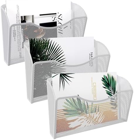 EasyPAG Wall File Organizer 3 Pack, Hanging File Organizer Wall Mount, Metal Mesh Folder Holder for Letter/A4 Papers, Mail Sorter for Office, Classroom, Home, White