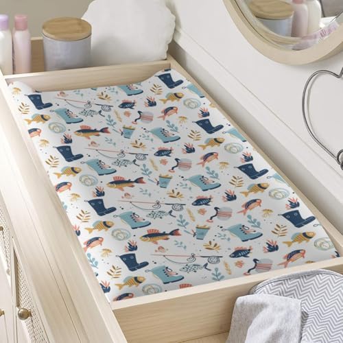 Cartoon Summer Fishing Fishes Leaves Pattern Baby Changing Pad Cover, Unisex Fishing Nursery Diaper Changing Table Pad Mat Sheet for Boys Girls-16x32