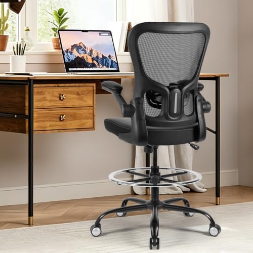 Drafting Chair Tall Office Chair 300lbs Ergonomic Standing Desk Chair with Lumbar Support and Adjustable Footrest Ring, Comfy Mesh Rolling Chair with Flip-up Armrests, Black