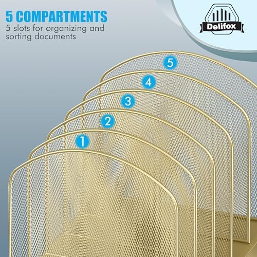 Delifox Inclined Desk File Organizer,Vertical File Folder Holder Stand Metal Rack File Sorter for Office Classroom Desktop Organization (1, Gold, 5)