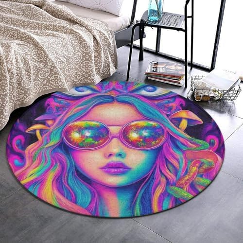 Machine Washable Modern Round Area Rug, Room Sofa Yoga Soft Round Carpet, Home Decor Non Slip Kitchen Office Circle Rug Trippy Goth Girl Mushroom Art, 60inch