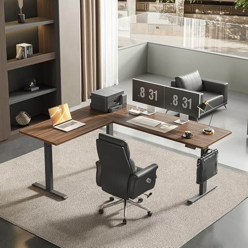 Agilestic 73 x 61 Inch L Shaped Electric Standing Desk, Dark Walnut