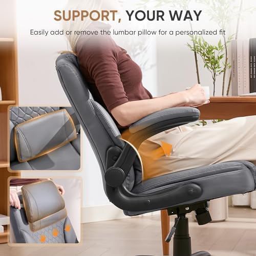 Home Leather Office Chair with Lumbar Support, 5" Padded Seat, Small Rocking Desk Chair, Comfy Computer Chairs with Rolling Wheels & Adjustable Arms for Adults, Grey