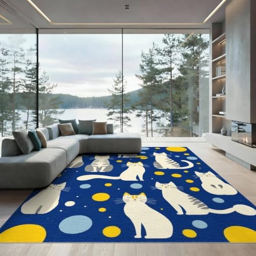 9'x12' Blue Yellow Cat Symphony with Golden Washable Area Rug