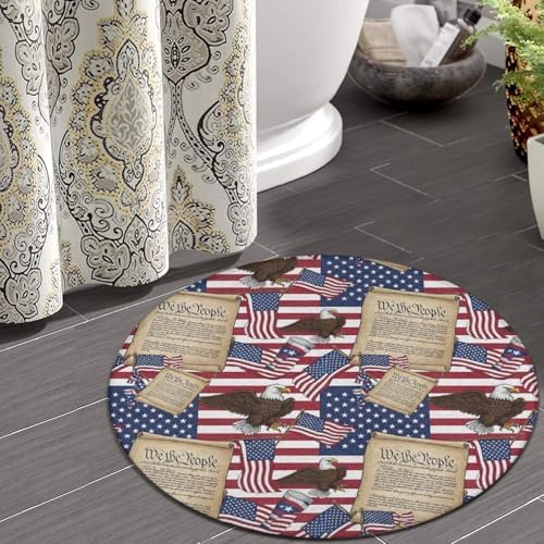 Fashion Round Area Rug Large Non Slip Carpet Unisex Home Decor Mat American Flag Patriotic USA Bald Eagle and Book, 36inch