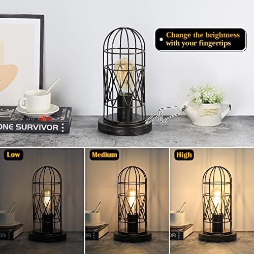 Industrial Table Lamp, 3-Way Dimmable Small Touch Lamp with Rustic Cage