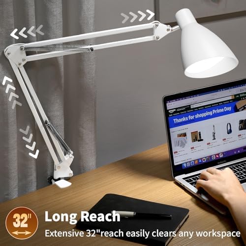 Swing Arm Desk Lamp with Clamp, Adjustable Arm LED Clamp on Desk Lamps with 5 Color Modes and 10 Brightness for Home Office Reading Drafting Study (White)