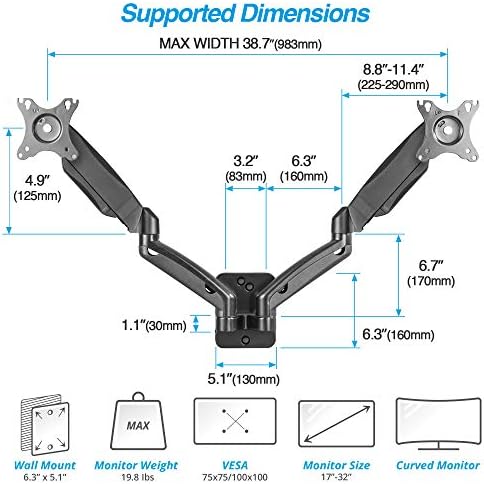 AVLT Dual 17"-32" Monitor Wall Mount fits Two Flat/Curved Computer Screen