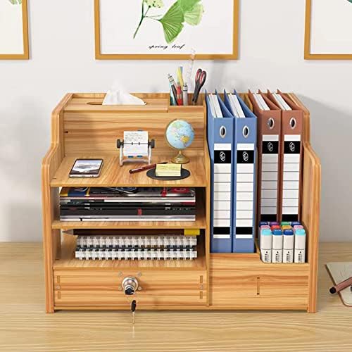 Bamboo Desk Organizer, Desktop Wood Bookshelf File Organizer, Pen Holder and Tissue Holder, 1 Drawer with lock for Office, Home, Need to Install(Cherry Wood)