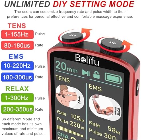 TENS EMS Unit Muscle Stimulator for Pain Relief Therapy - 4 in 1 TENS EMS Relax Custom Frequency+Pulse - Muscle Massager 36 Modes 20 Intensity, Memory & Favorites Function, 3.8" Color Display - Red