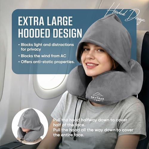 SkytraxComf® Travel Neck Pillow with Hood for Privacy on Long Flights