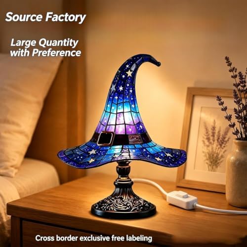 Stained Glass Witch Hat Lamp, Handcrafted Resin Halloween Witch Lamp (Blue)