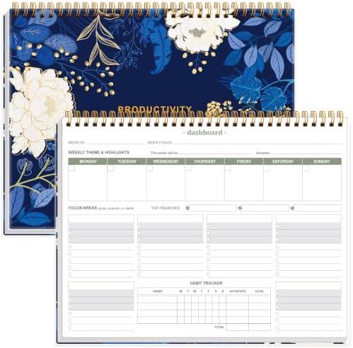 Weekly Productivity Dashboard - 8.5" x 11" Dashboard Desk Notepad Has 6 Focus Areas to List Tasks for Goals, Projects, Clients, Academic or Meal-Organize Your Daily Work Efficiently, 54 Weeks, Blue Leaf Flower