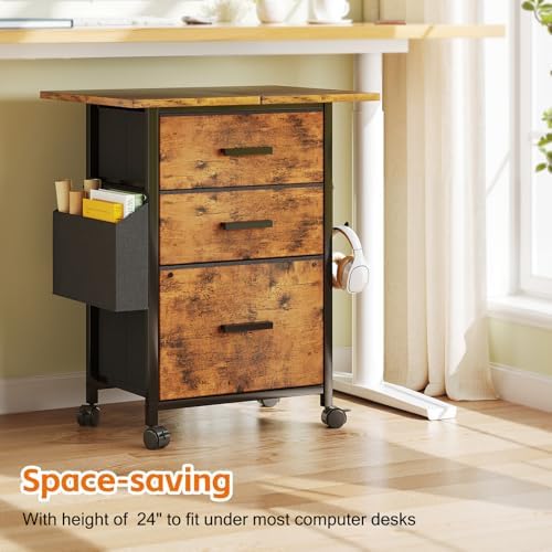 3-Drawer Mobile File Cabinet with 22" Wide Printer Stand, Fabric Filing Cabinet with Side Bag & Headphone Hook, Fits Letter/A4 Size Hanging File Folders, Rolling Home Office Organizer, Rustic Brown