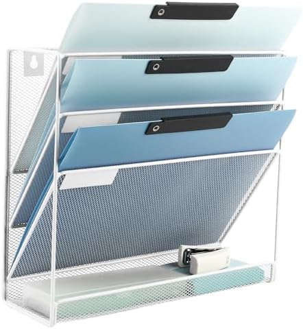 EASEPRES Desk File Organizer Mesh 4-Tier, Hanging Wall Mount Document Organization Stand, Desktop Vertical Mail Paper Folder Holder Rack with Bottom Tray for Office Home Cubicle Countertop, White